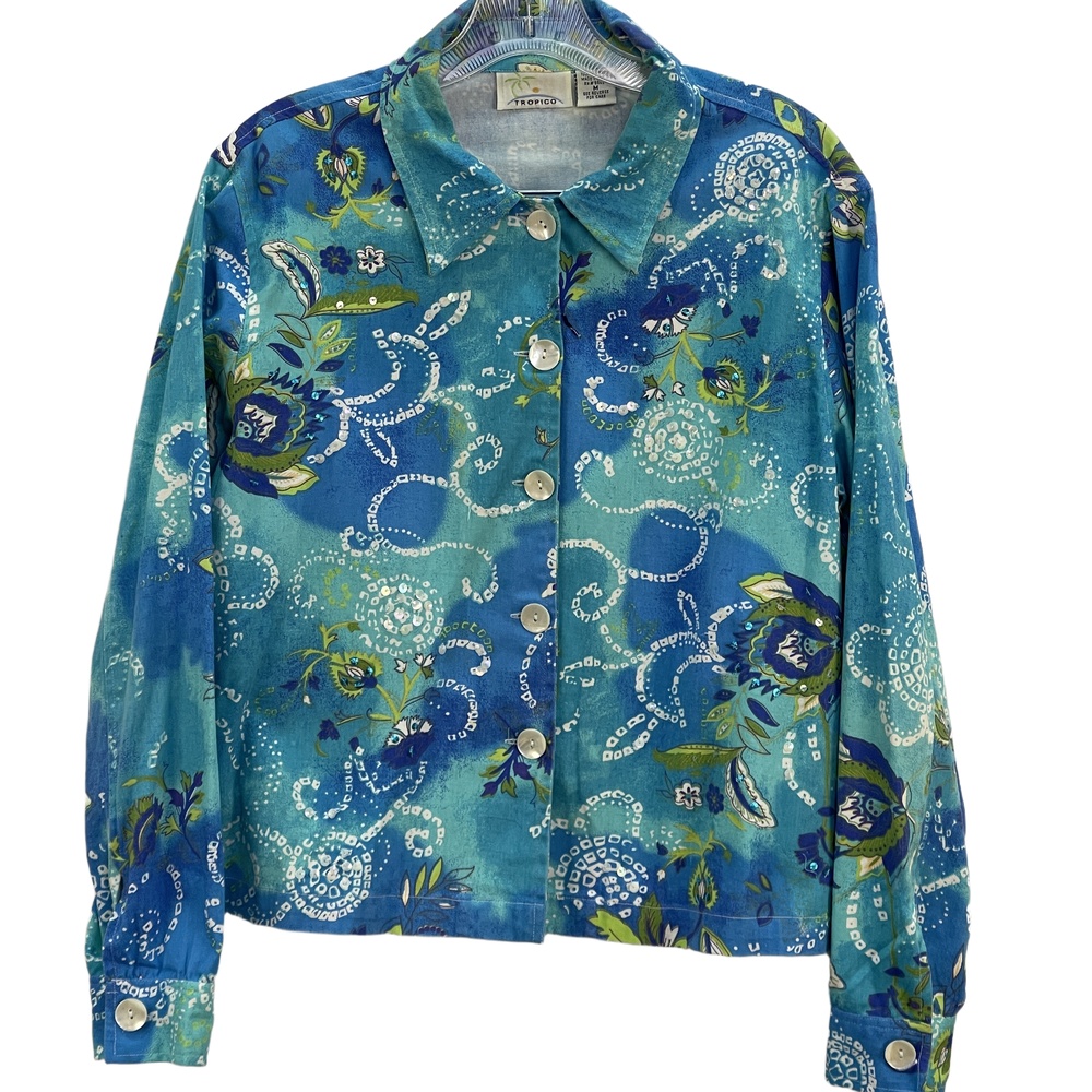 Tropico Floral Aquatic Button-Up Jacket with Sea Shell Buttons Sequins Medium
